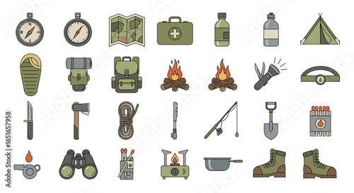 Collection of camping and hiking equipment arranged in a grid format