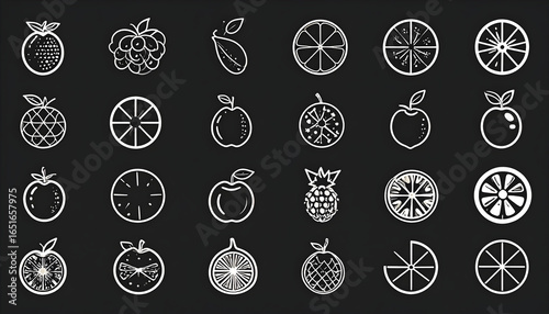 Line Drawn Assortment Of Various Fruits With Slices And Whole Fruits In White Over Black Background