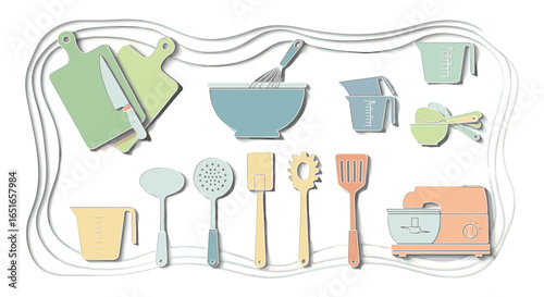 Illustration of kitchen utensils including bowls and cutting boards
