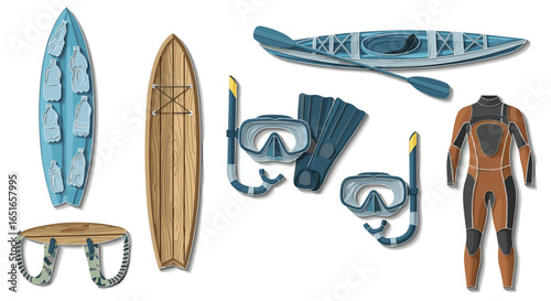 Illustration of surfboards kayak wetsuit snorkel fins and storage rack