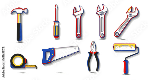 Illustration showing an assortment of various construction hand tools set