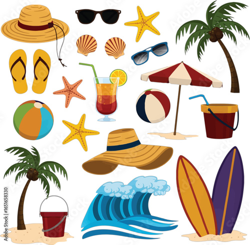 Beach Vacation Scene With Palm Trees Surfboards Umbrella And Cocktails summer