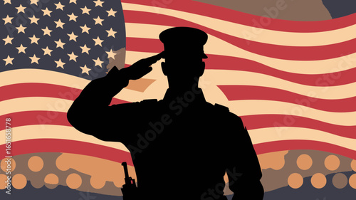 Flat vector illustration of soldier silhouette saluting American flag, patriotic military tribute with muted red, beige, and dark blue tones, solemn respect and national pride scene