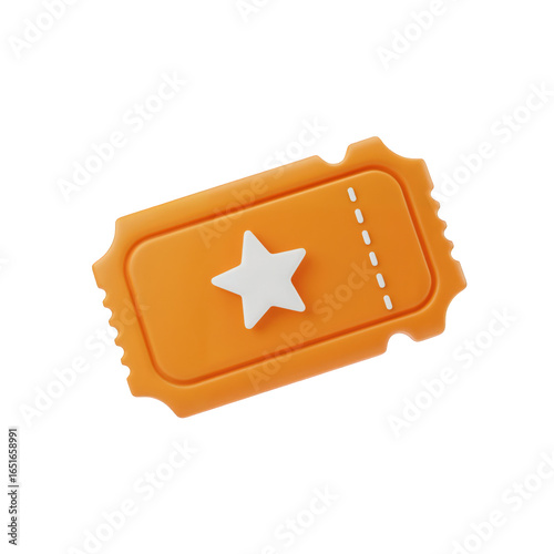3D Orange Ticket Icon with Star. Admission Pass or Coupon Voucher for Cinema or Event. Isolated on transparent background.