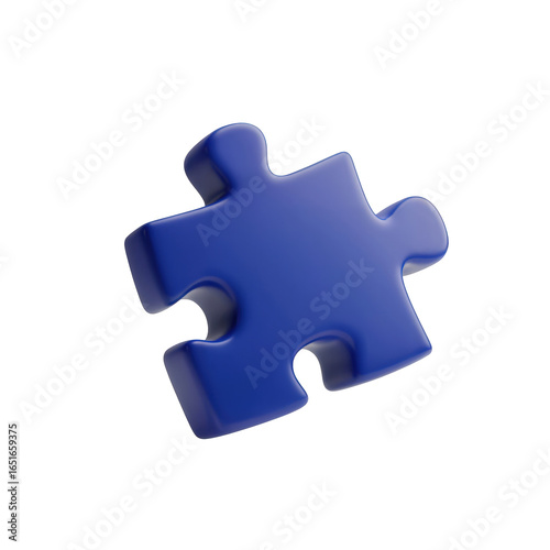 Single blue jigsaw puzzle piece isolated on a transparent background. 3D rendering of a game element or concept icon for business solutions and strategy.