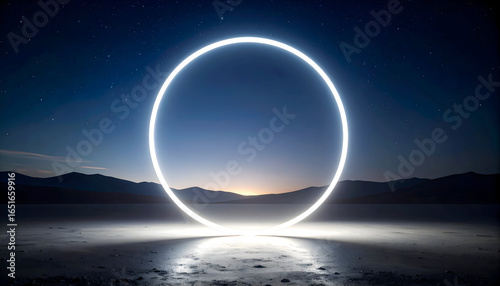 Glowing Circle Of Light At Night With Starry Sky Above Desert Landscape And Sunrise Horizon