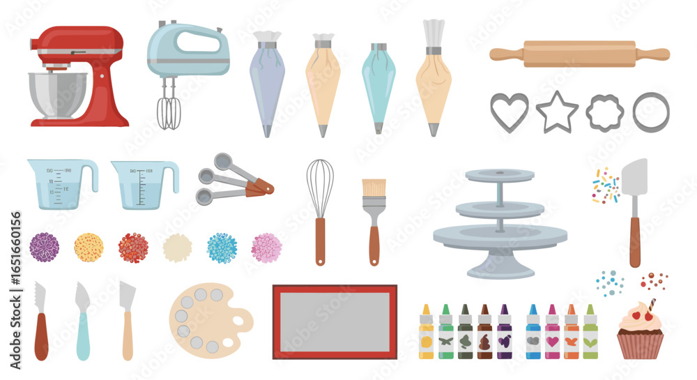 Obraz premium A collection of various baking tools and ingredients laid out neatly flat