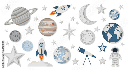 Illustration showing planets rockets stars telescope and an astronaut