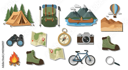 Illustration of camping equipment and outdoor adventure themed objects