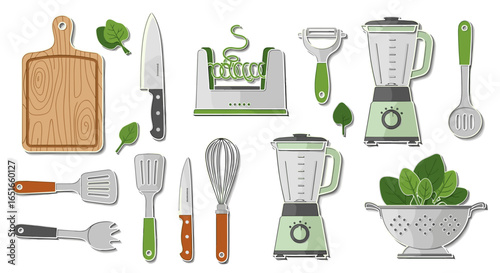 Illustration of various kitchen utensils and tools arranged together nicely