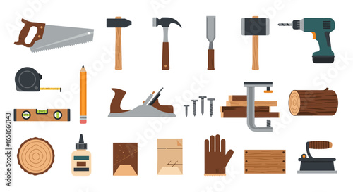 Illustration of various carpentry tools and woodworking equipment set up