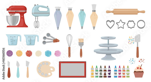A collection of various baking tools and ingredients laid out neatly flat