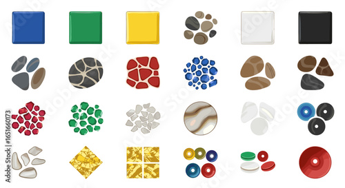 Assorted collection of colorful shapes and stones displayed together