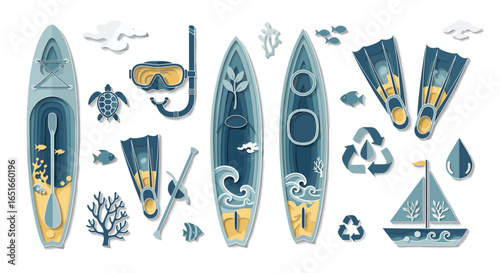 Illustration of water sports equipment and marine life in paper cut style