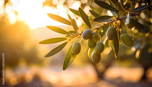 Olive Branch With Green Olives Illuminated By Golden Sunlight In An Orchard
