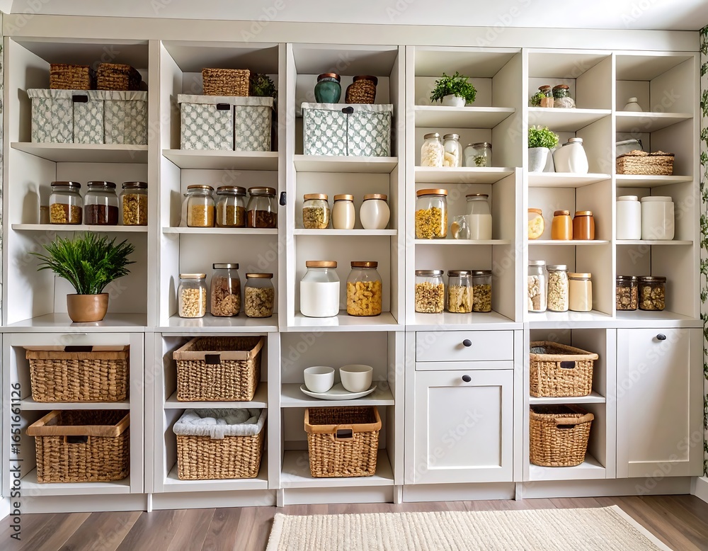 Fototapeta premium A well-organized pantry with light-colored cabinets and baskets