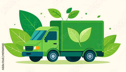 Green Delivery Truck With Leaf Embellishments Depicted Against Light Background Illustrating Eco Friendly Transportation