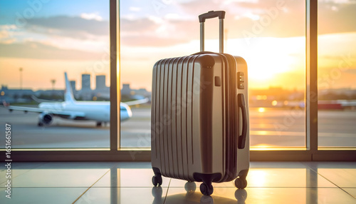 Shiny Luggage in Front of Large Window with Airplane in the Background and Golden Sunset Sky