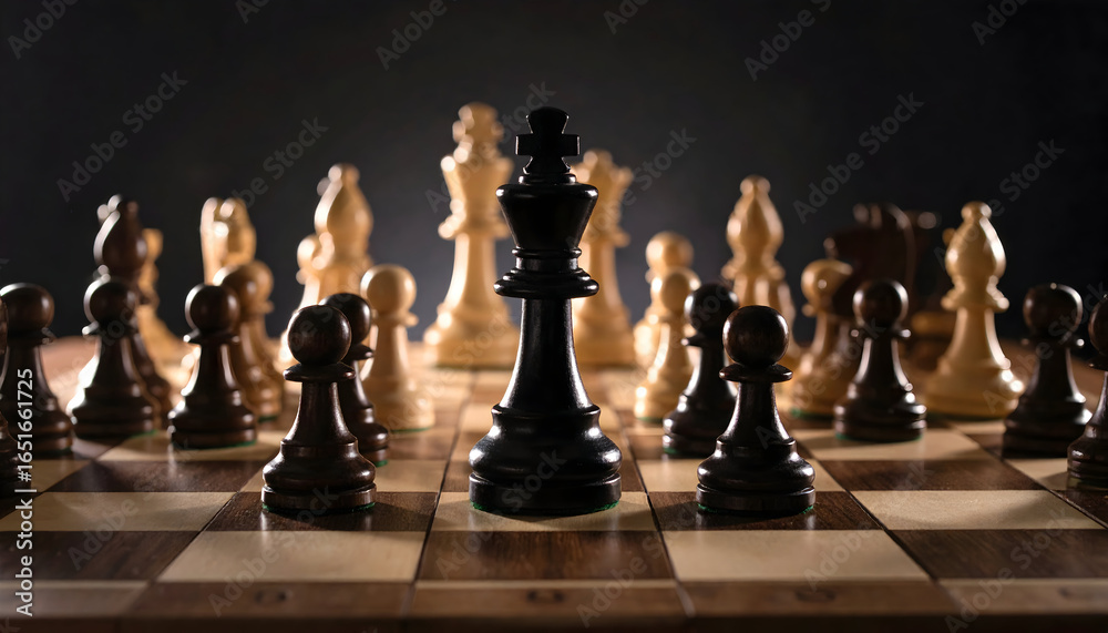 Chessboard with Black King Piece in Focus and Surrounding White Pieces on Wooden Board Chessboard with Black King Piece in Focus and Surrounding White Pieces on Wooden Board