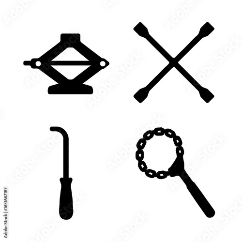 Automotive tool silhouettes featuring jack lug wrench tire iron and filter wrench for vehicle maintenance
