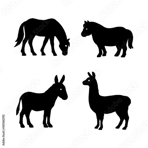 Livestock silhouettes featuring horse pony donkey and llama for large domestic animal companions