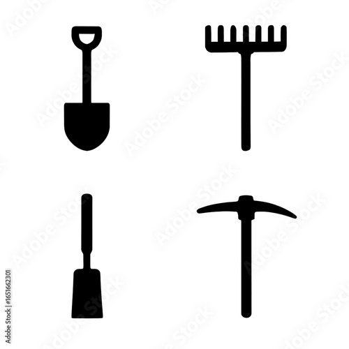Landscaping tool silhouettes featuring shovel rake hoe and pickaxe for ground work