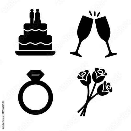 Anniversary celebration silhouettes featuring wedding cake champagne flutes ring and rose bouquet