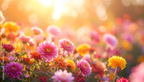 Fototapeta Naklejka Na Ścianę i Meble -  pink flowers in the garden. colorful chrysanthemum in the garden with bokeh with copy space for text. Copy-space flower