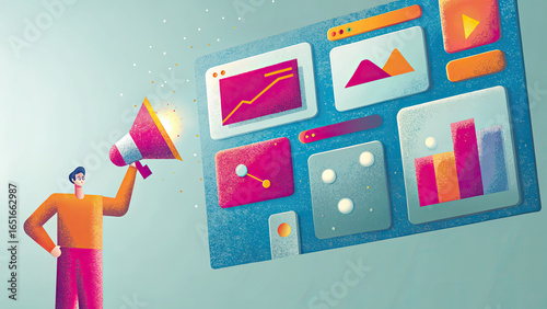 Role of content curation in marketing concept. A person using a megaphone to present data and analytics visualizations.