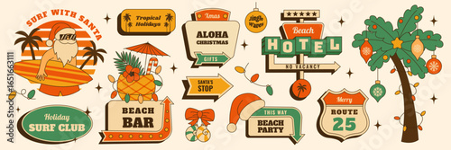 Retro Christmas at the Beach sticker signboard set with Santa surfing,tropical cocktail,festive palm tree,vintage hotel sign, holiday decorations. Vector illustration in vintage mid century 50s style