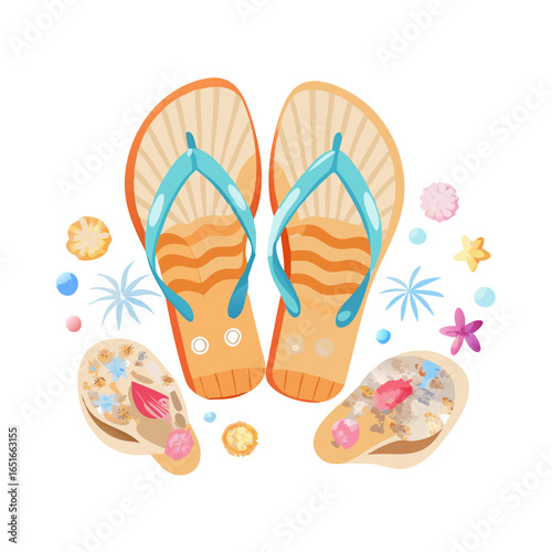 Seashell and Flip-Flop Harmony: A collection of intricately designed seashells and a pair of decorative flip-flops create a sense of serene summertime by the beach. See Less
