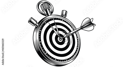 Illustration of dart hitting the bullseye on a stopwatch isolated on white background