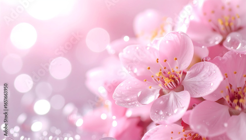 Close Up of Pink Cherry Blossom Flowers with Water Droplets on Petals with Soft Focus Background