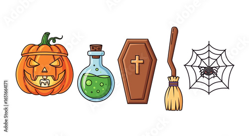 A vibrant set of classic Halloween cartoon icons featuring a spooky jack-o'-lantern, green potion, coffin, witch's broom, and a spider on its web.