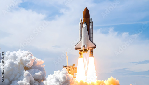 Space Shuttle Launching Into Blue Sky with Intense Smoke and Fire Emerging from Engines
