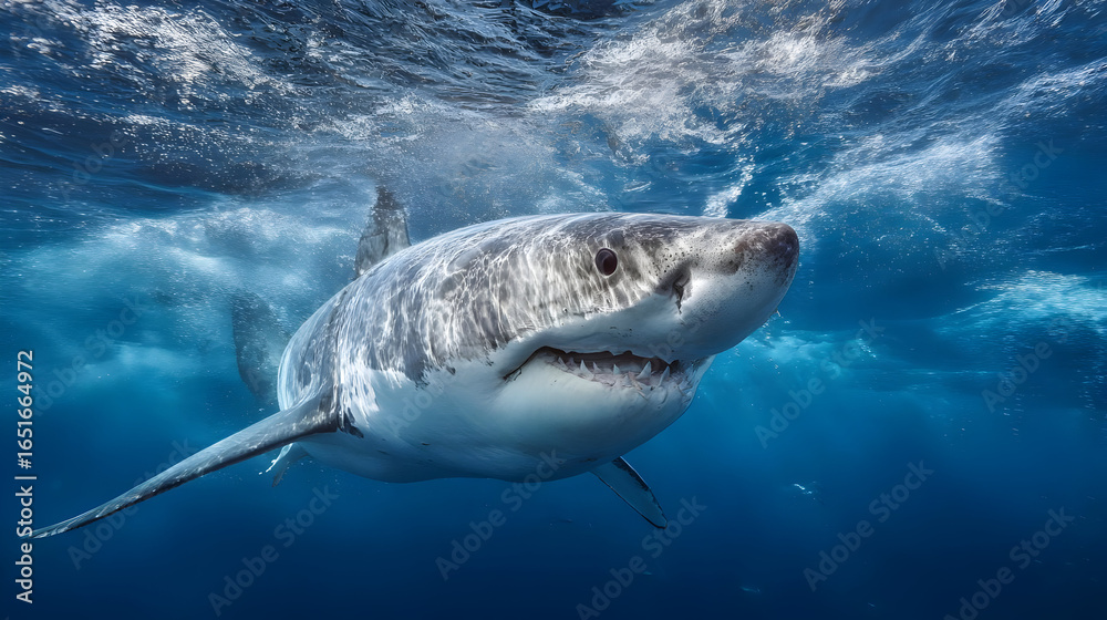 Fototapeta premium Great White Shark Underwater in Blue Ocean