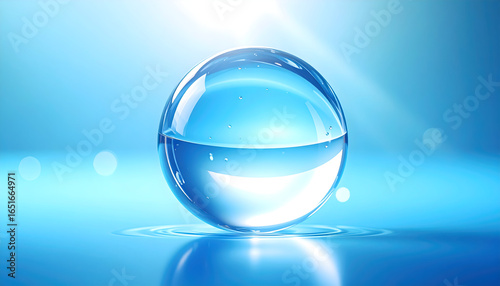 Clear Water Sphere Illuminated with Light and Reflections on Blue Surface