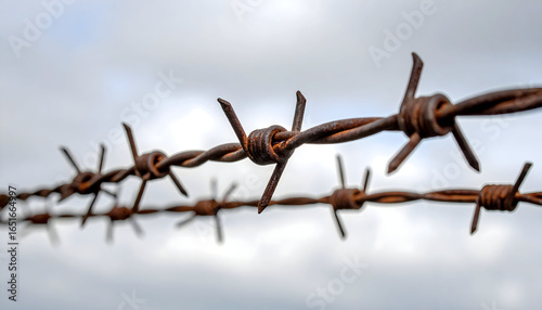 Close Up View Of Rusty Barbed Wire Against Cloudy Sky