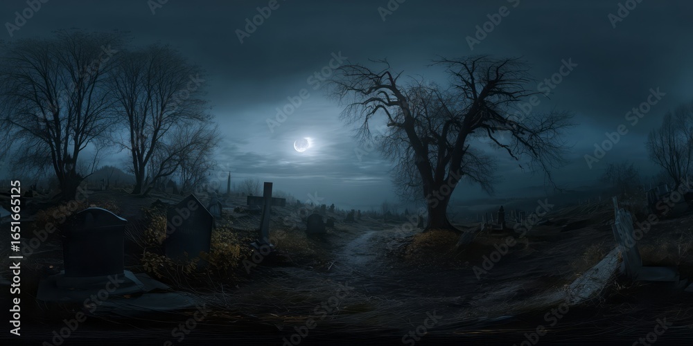 Fototapeta premium Haunting night scene graveyard hdr panorama