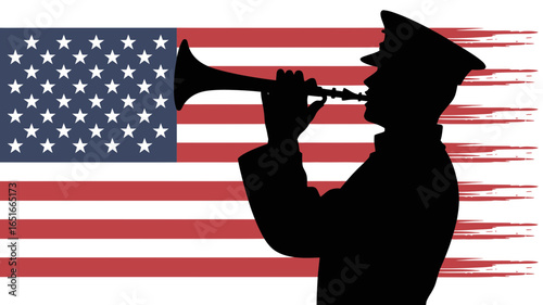 Silhouette of a soldier in uniform playing bugle against a distressed American flag background, flat graphic vector illustration in bold red, whit, and blue, patriotic tribute artwork