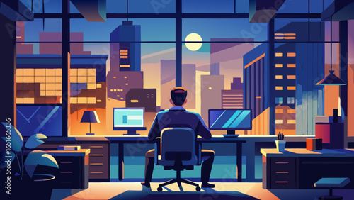 Man sits at desk facing city skyline at night time