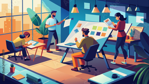 People working collaboratively in a modern office space