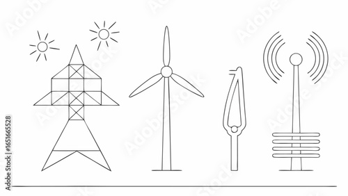 Vector illustration showing electricity pylon sun wind turbine and radio tower in a line drawing style design