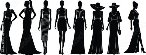 Fashionable women in elegant evening dresses, stylish silhouettes collection, runway poses
