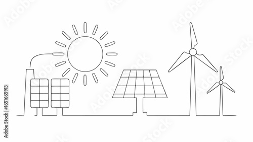 Vector illustration depicting renewable energy sources including solar panels wind turbines and a stylized sun design