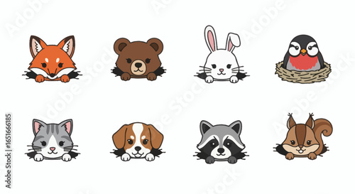 Eight cartoon animals peek over an edge or nest in this illustration