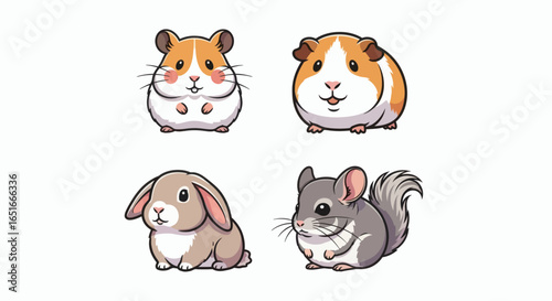 Four cartoon rodents a hamster guinea pig rabbit and chinchilla sit against a white background