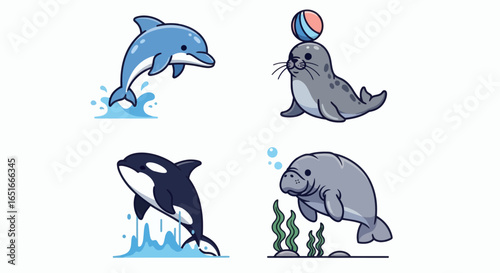 Four cartoon sea mammals are shown dolphin seal orca manatee