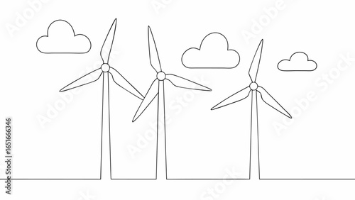 Vector three wind turbines with blades and clouds in a simple line drawing on a white background illustration