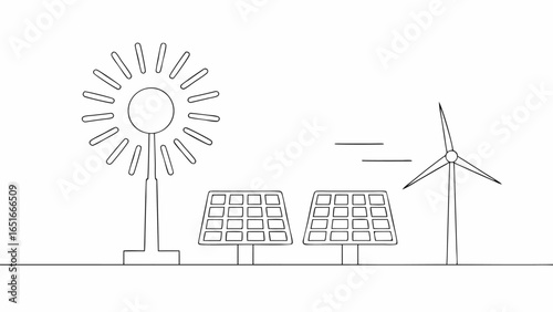 Vector illustration of wind turbine, solar panels, and sun turbine showing renewable energy sources at work outdoors